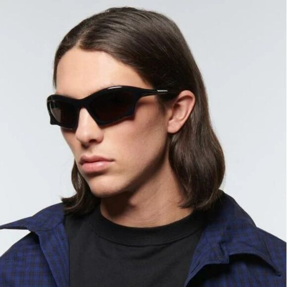 Balenciaga BB0229S 001 Sunglasses Black Grey Bat Rectangle Unisex